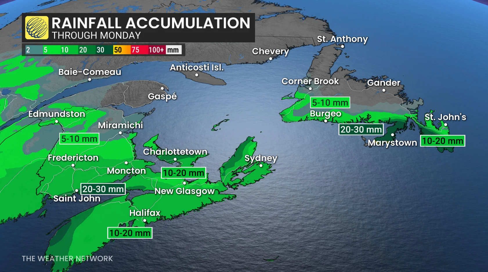 Atlantic Canada rainfall through Monday