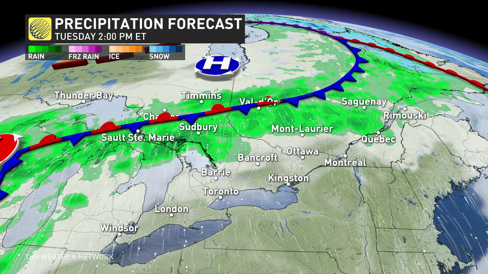 Ontario and Quebec precipitation timing Tuesday PM