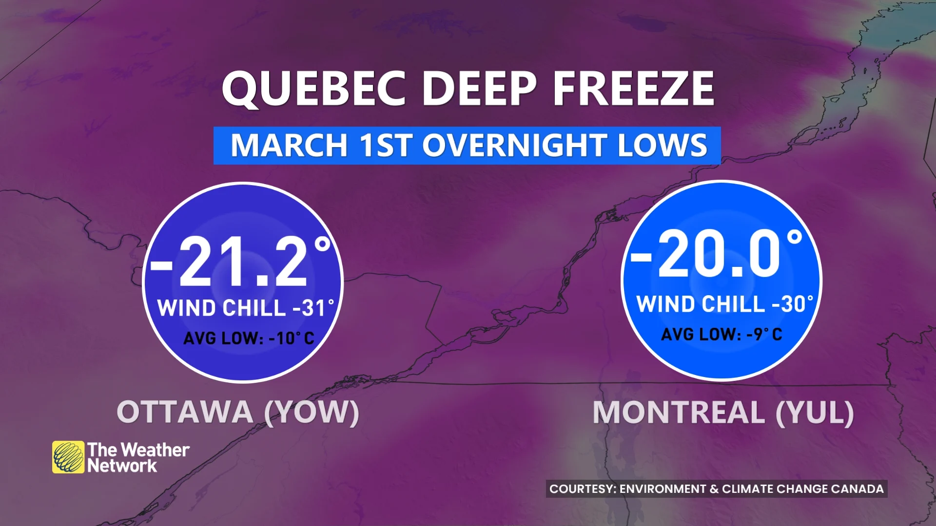 Quebec deep freeze March 1 overnight lows