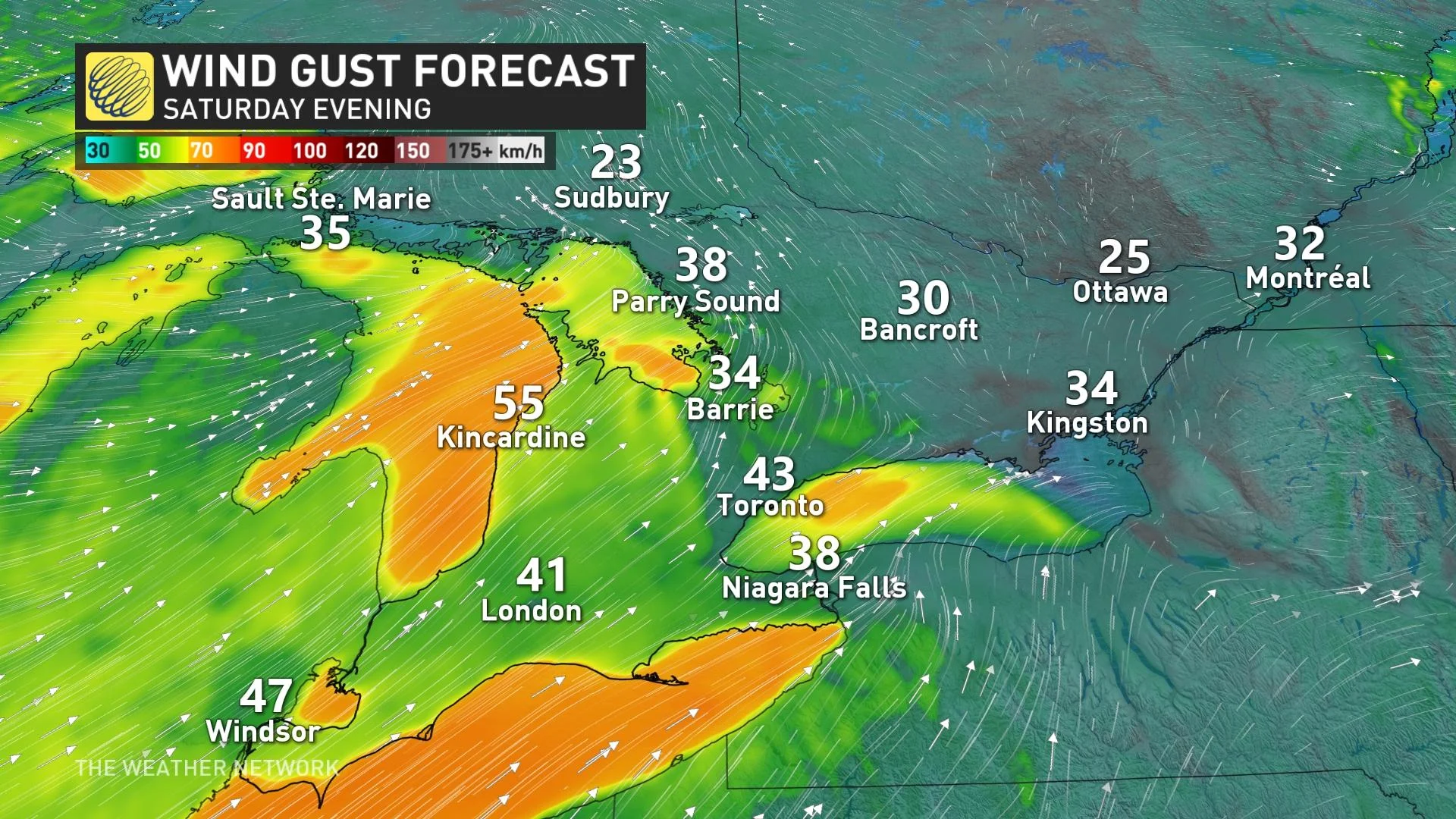 Ontario wind gusts Sat PM
