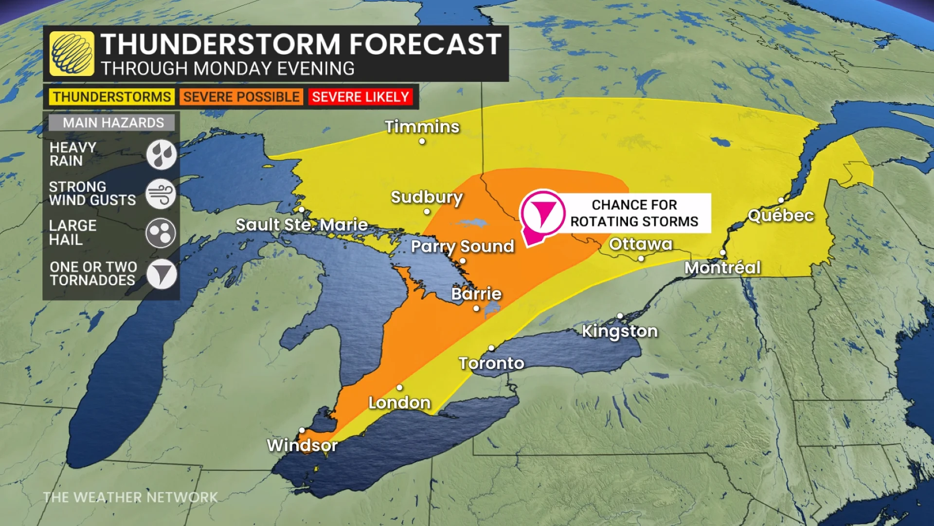 Ontario storm risk through Monday evening