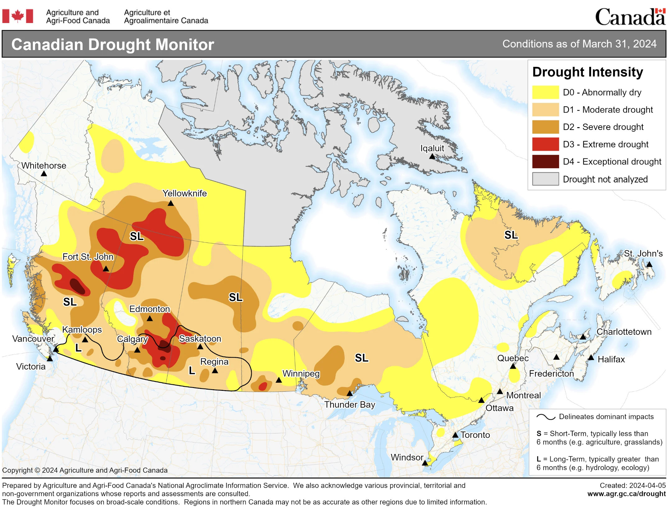 Canada's current drought conditions as of March 31, 2024