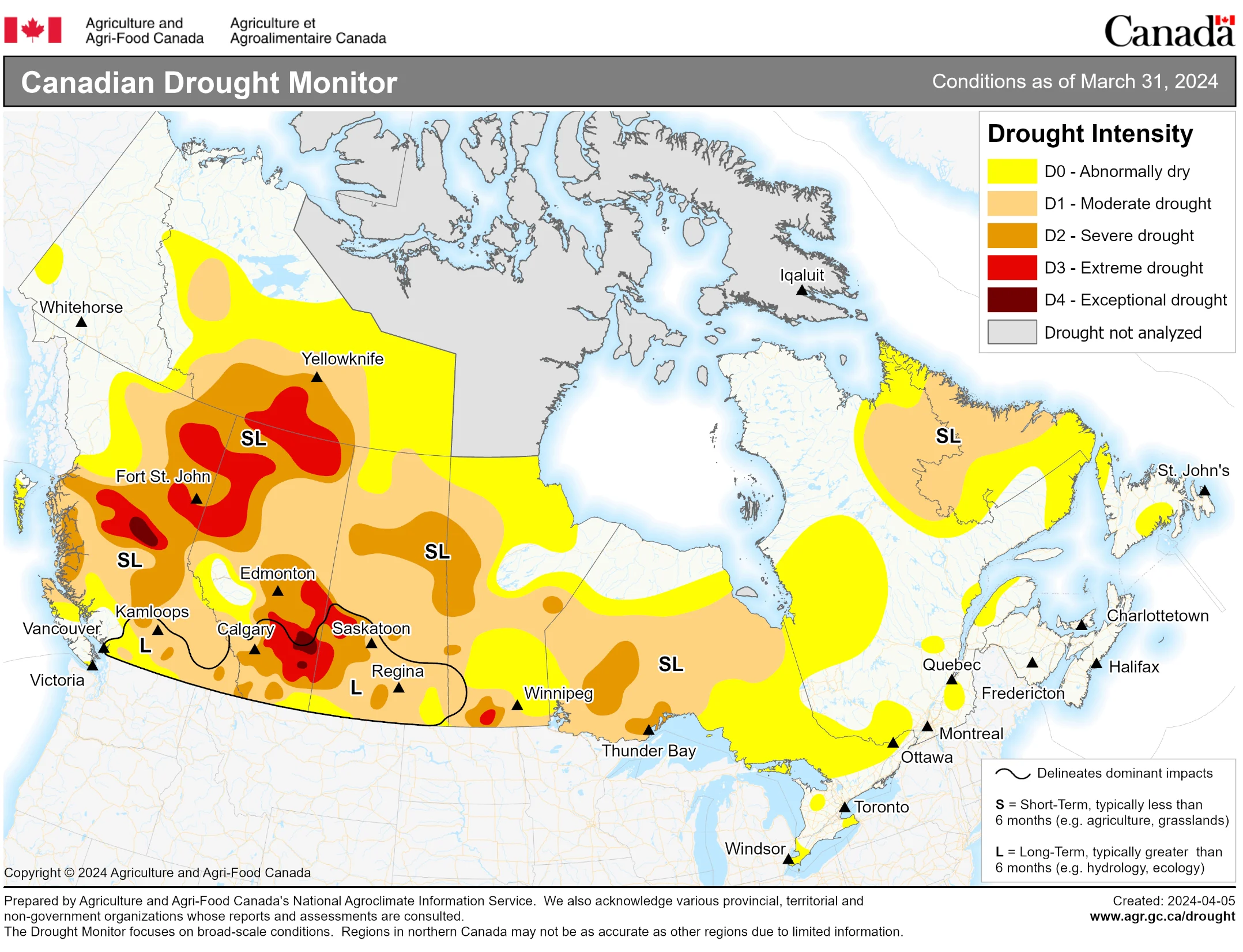 Canada's current drought conditions as of March 31, 2024