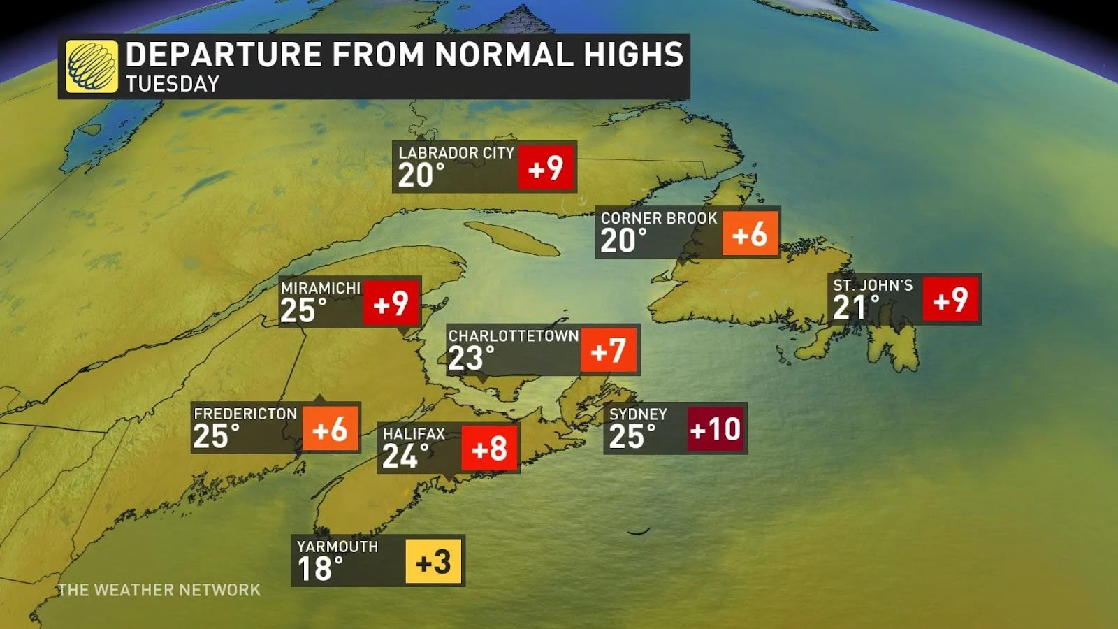 Atlantic Canada temperature departures June 9 2024