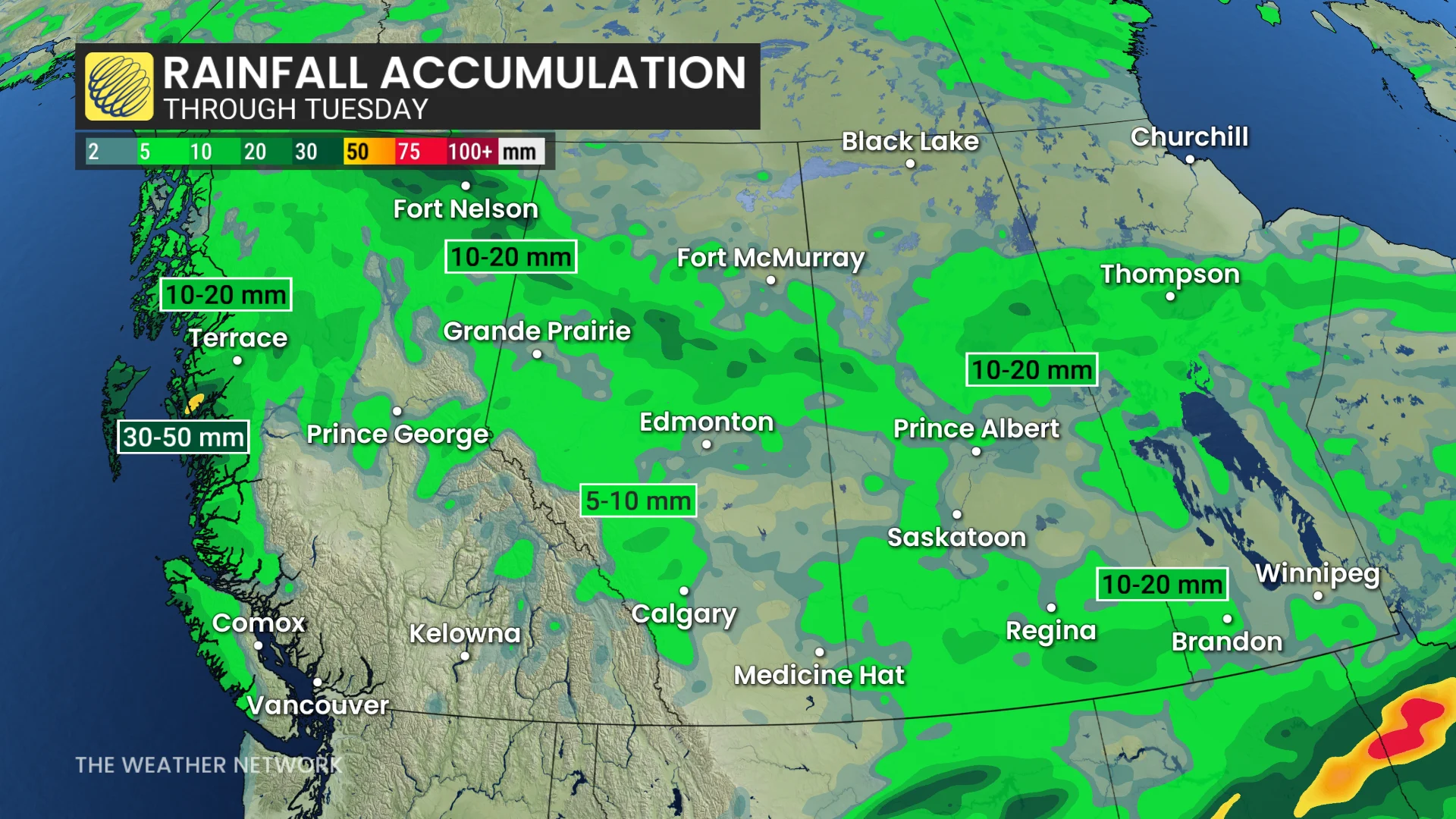 Prairies rainfall map through Tuesday