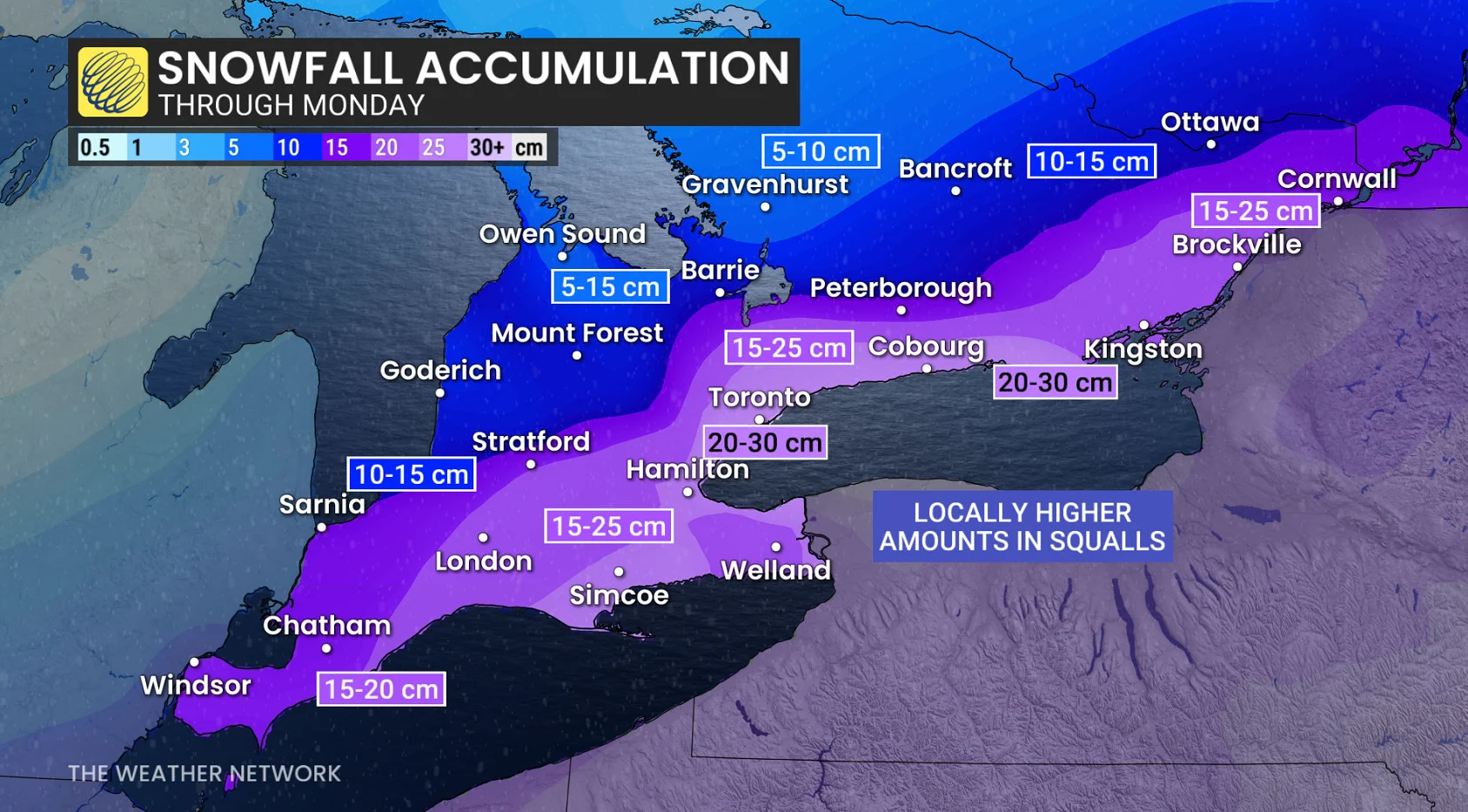 Ontario snowfall outlook through Monday