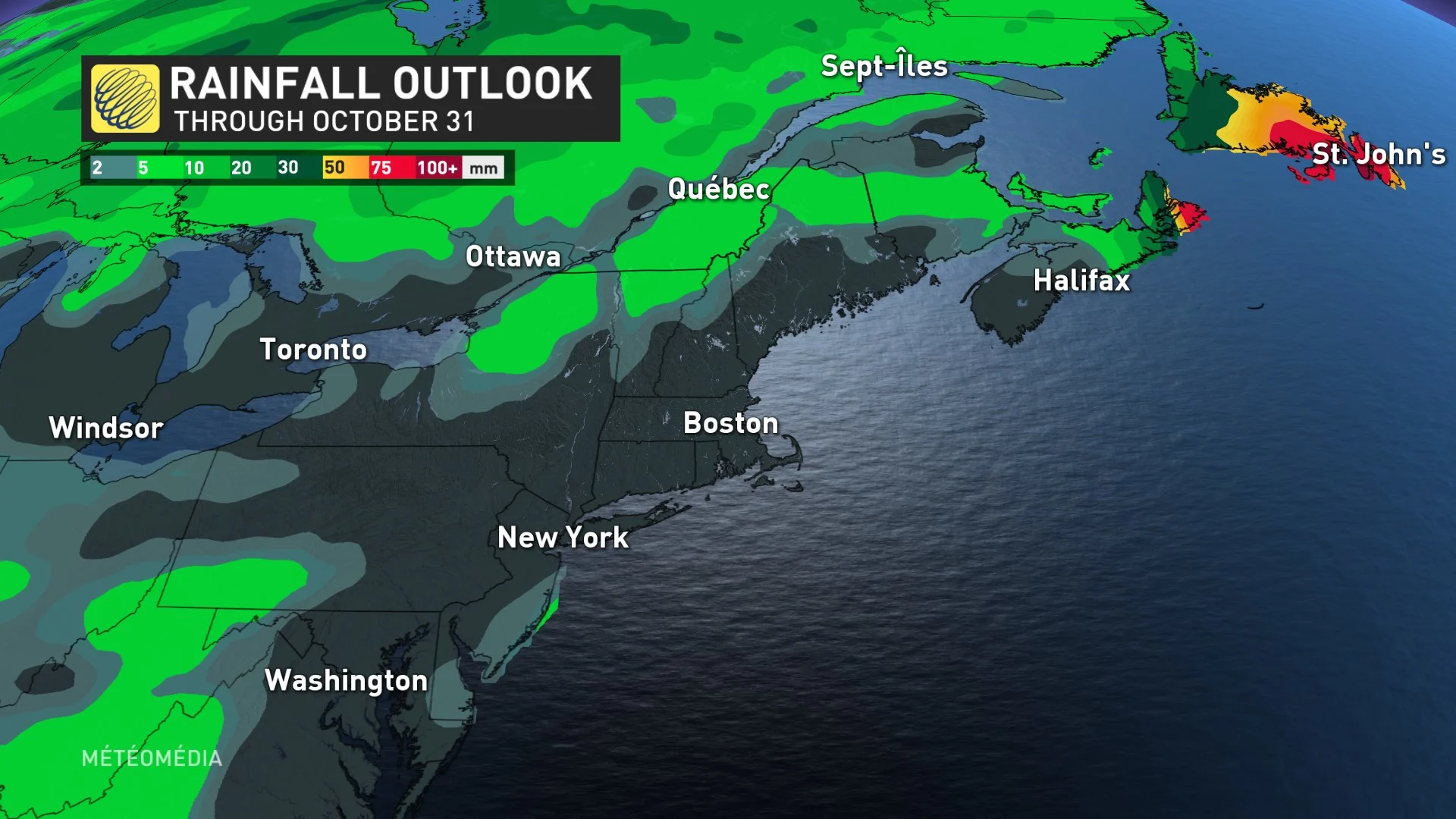 U.S. Northeast rainfall outlook through Oct. 31