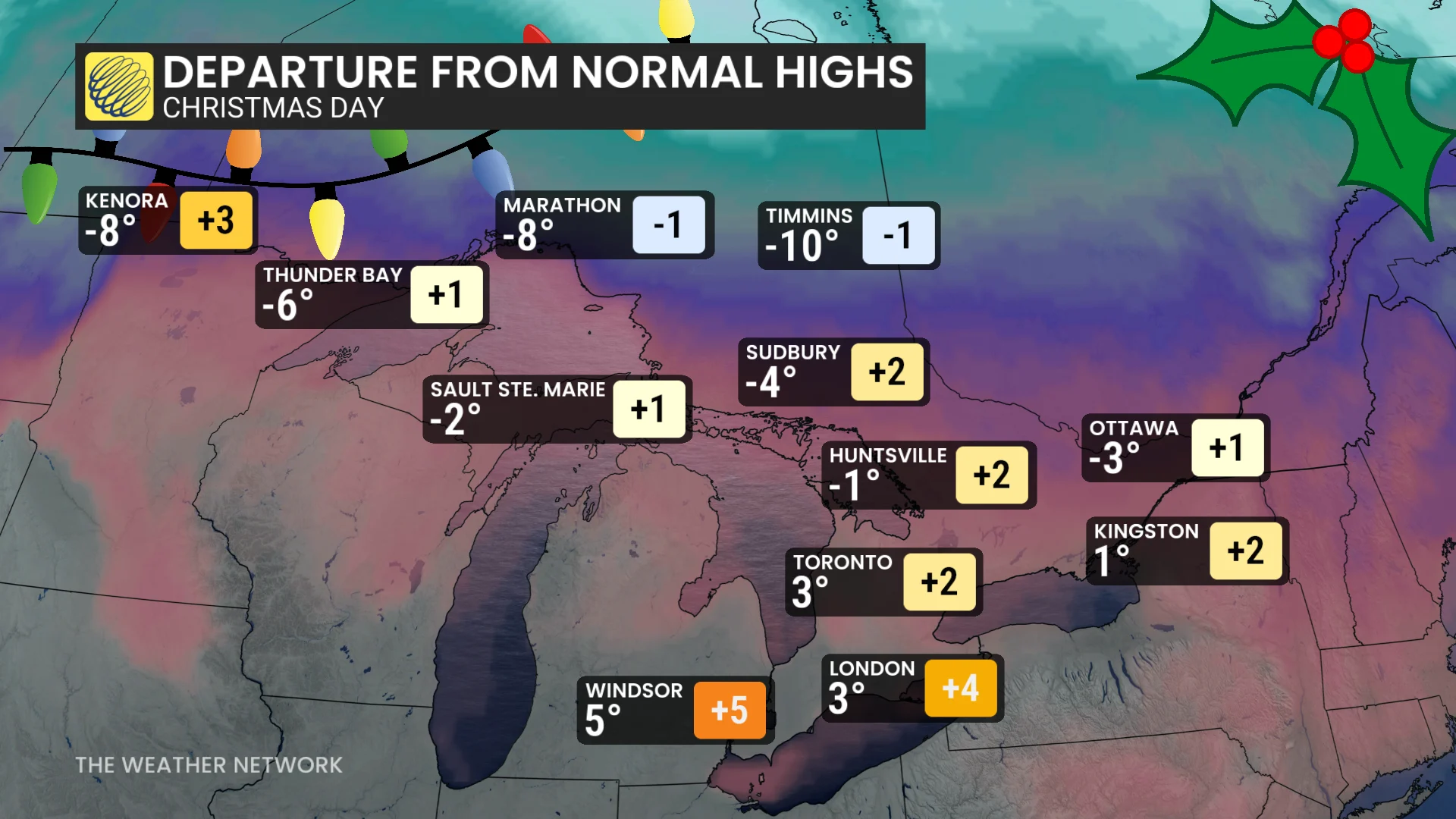 Ontario departure from normal highs Christmas Day