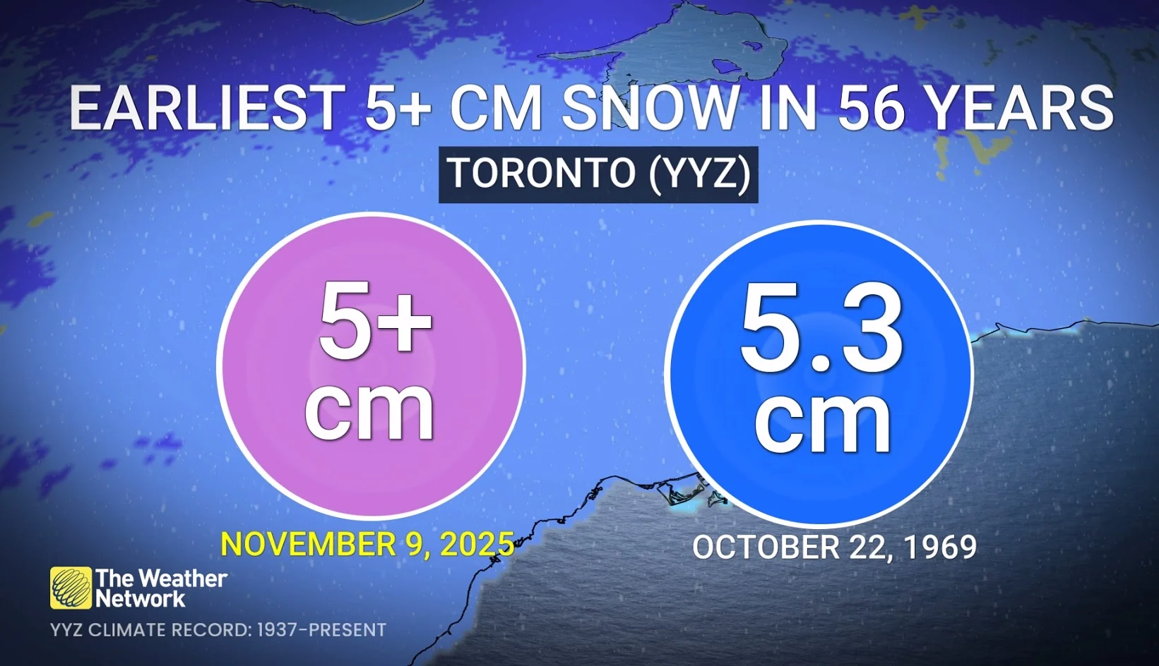 Earliest 5+ cm snow in Toronto in 56 years (Nov. 9, 2025)