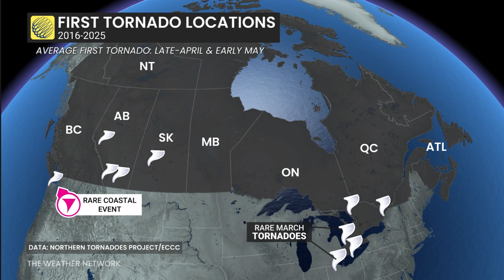 First tornado locations Canada 2016-2025 Canada