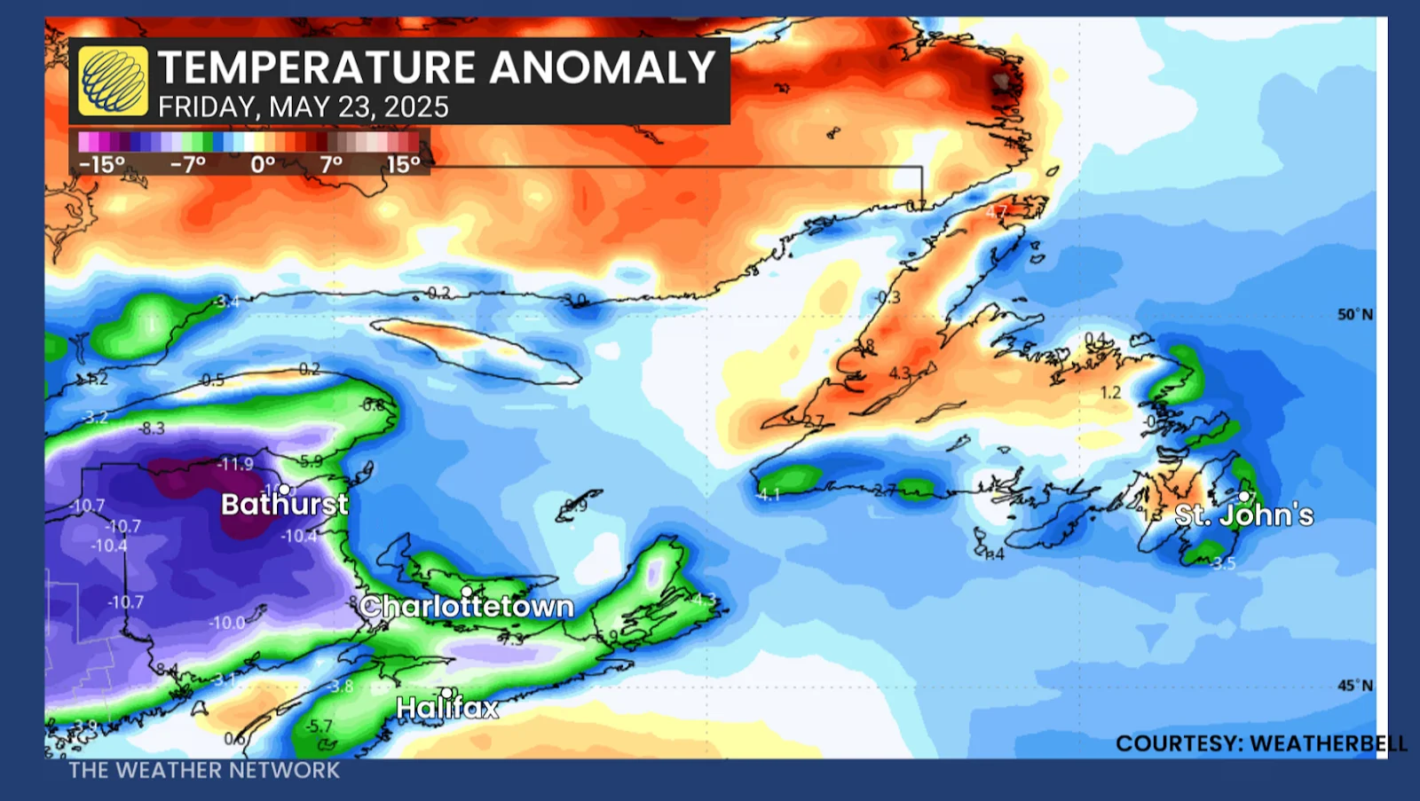 Nor'easter, Anomaly, Spring, Snow, Cold, Maritimes, Atlantic Canada, Rare, May 22, 2025. (The Weather Network)