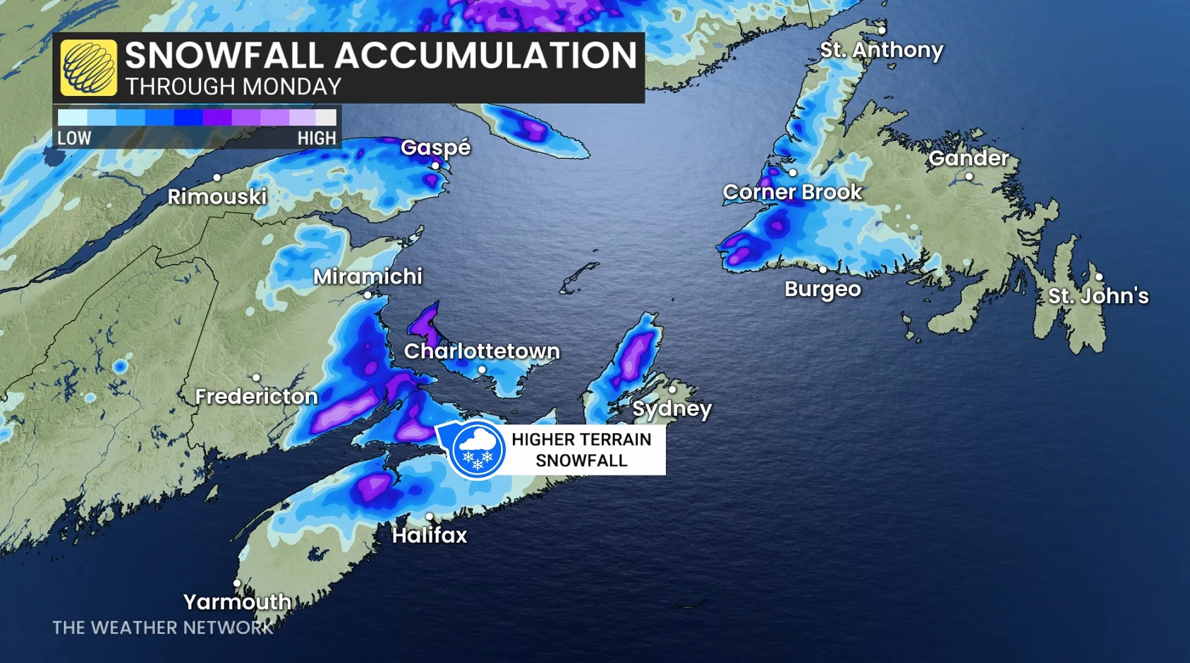 Atlantic Canada forecast nor'easter snow totals - May 3, 2026