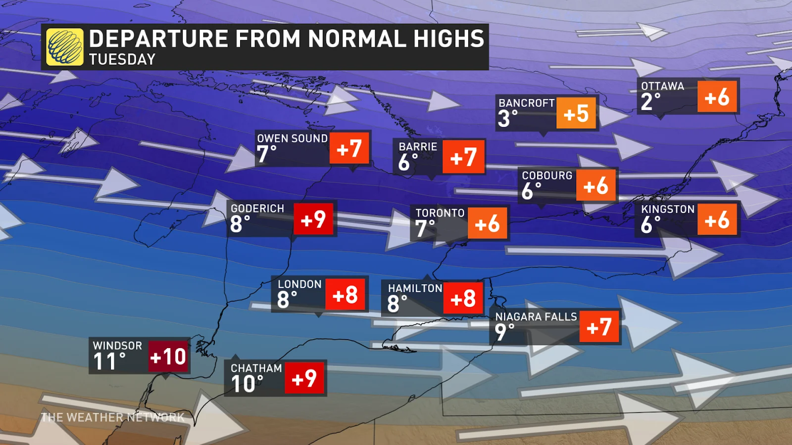 Southern Ontario forecast departures from average highs - Dec. 16, 2024