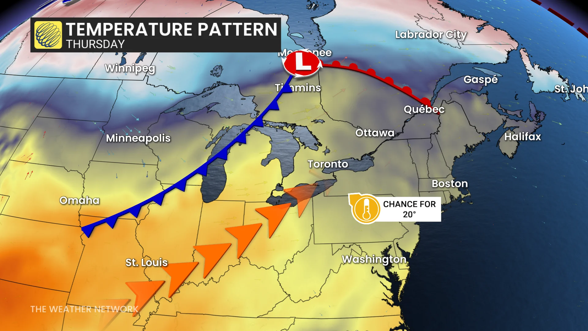 Ontario Thursday forecast temperature pattern - Oct. 27, 2026