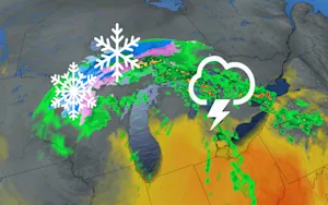 Snow, extremely sharp temperature gradient on the way to Ontario
