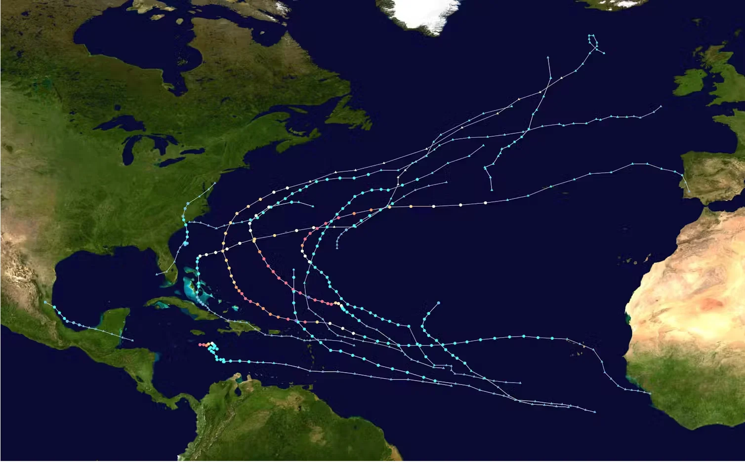 NOAA: Storm tracks for the 2025 Atlantic tropical cyclone season, through Oct. 26. Hurricane Melissa’s meandering track is seen far to the south, just off the coast of Jamaica. Sandy14156/Wikimedia Commons, using NOAA data