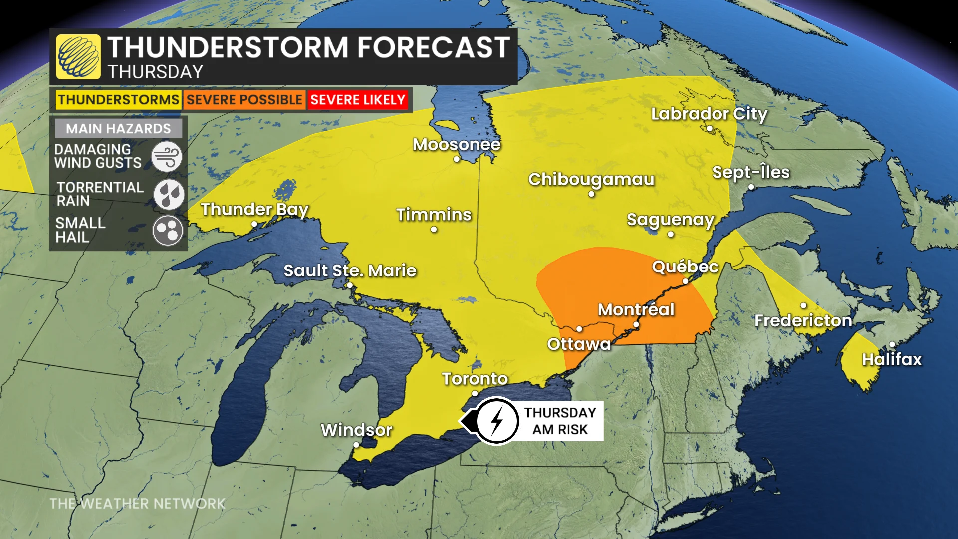 Ontario and Quebec storm risk map Thursday