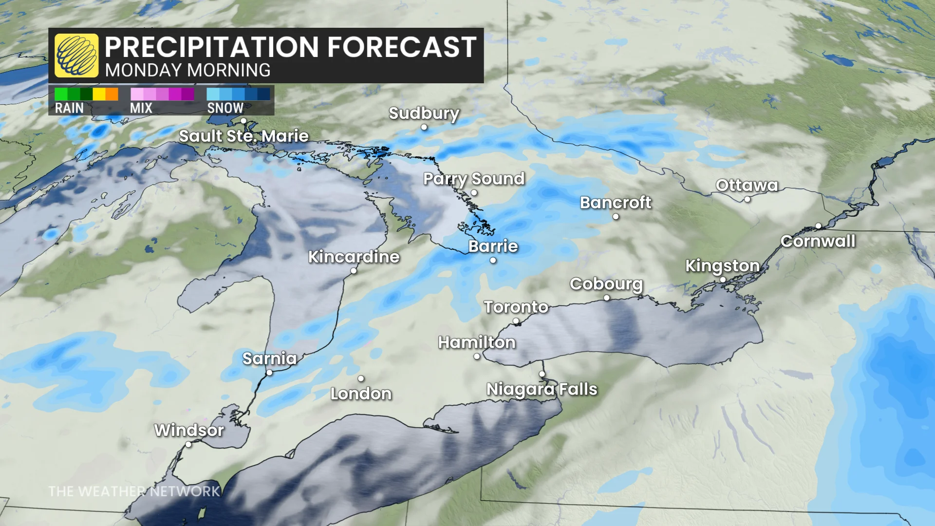 Ontario Monday morning precipitation timing forecast