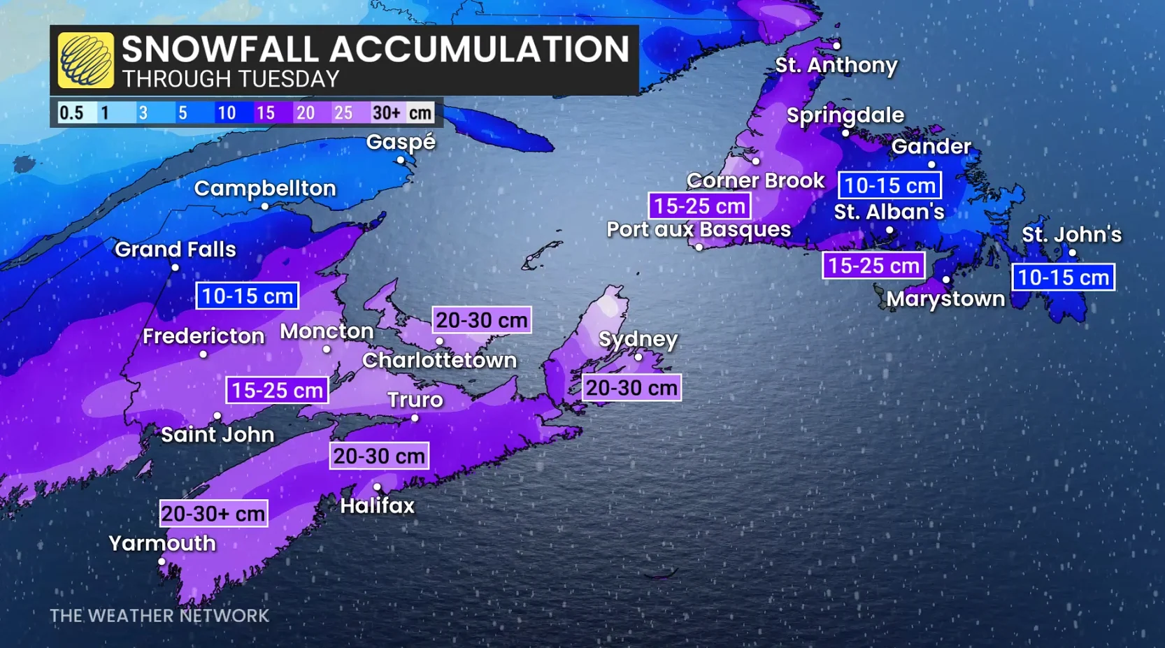 Atlantic Canada snowfall forecast through Tuesday