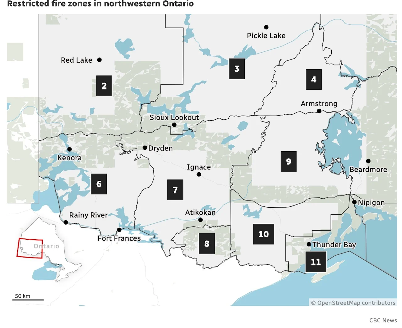 Restricted fire zones in northwestern Ontario:OpenStreetMap contributors:CBC News