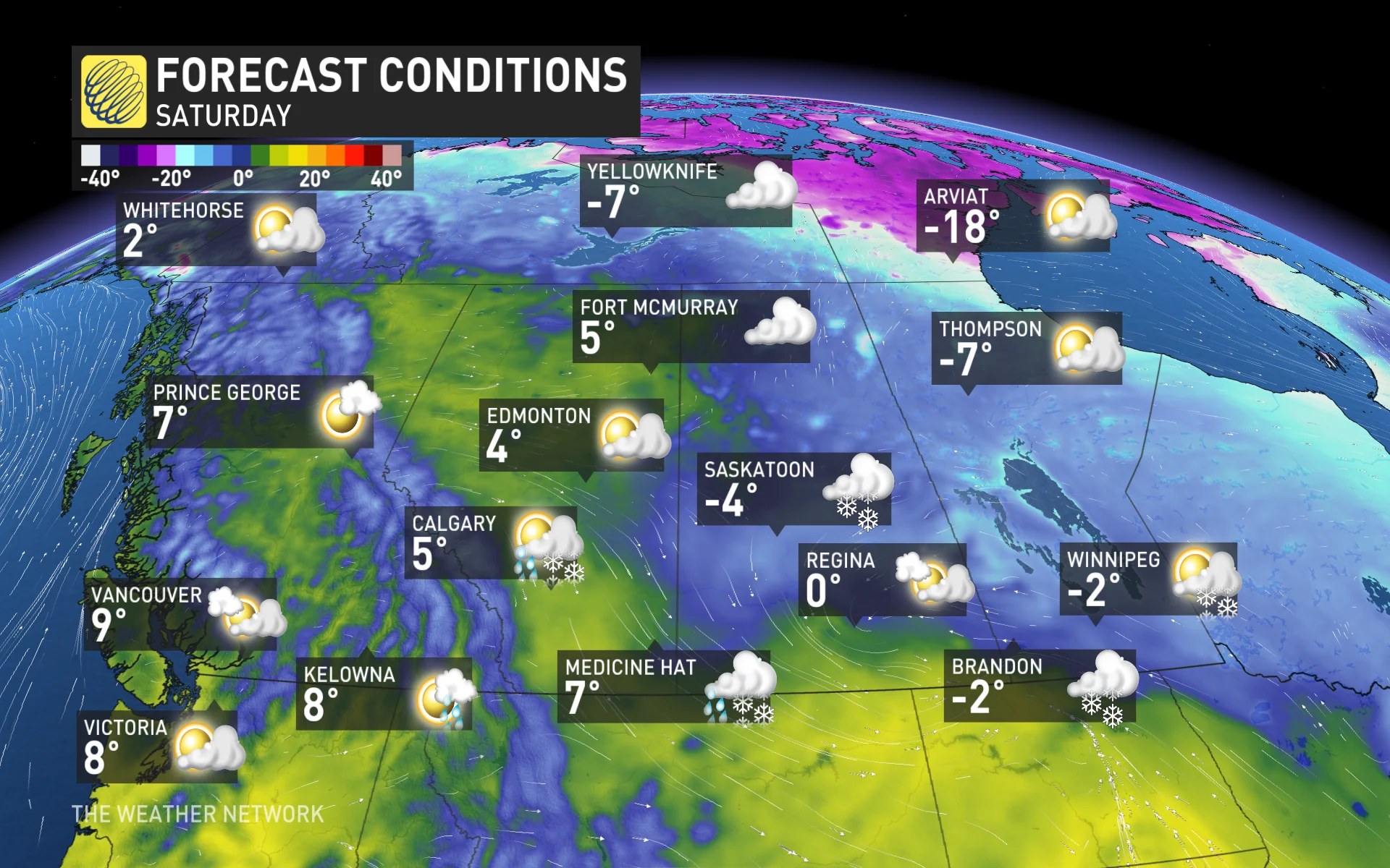 Saturday temperatures and icons Western Canada