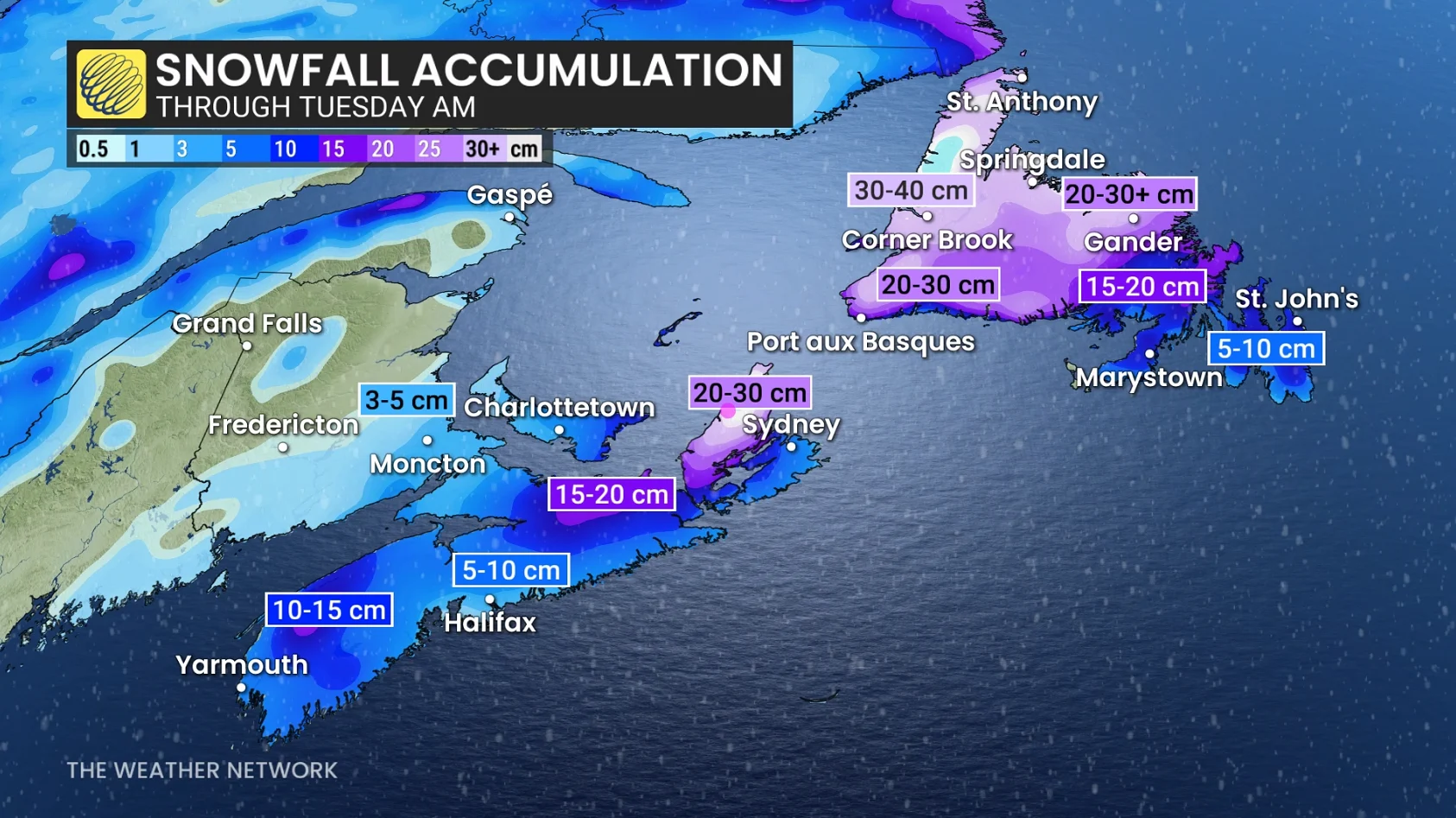 Atlantic Canada snowfall through Tuesday morning