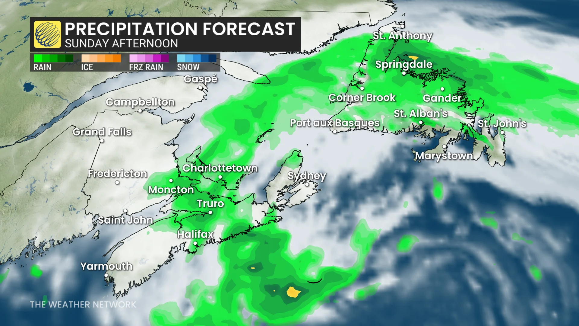 Atlantic Canada precipitation forecast Sunday afternoon