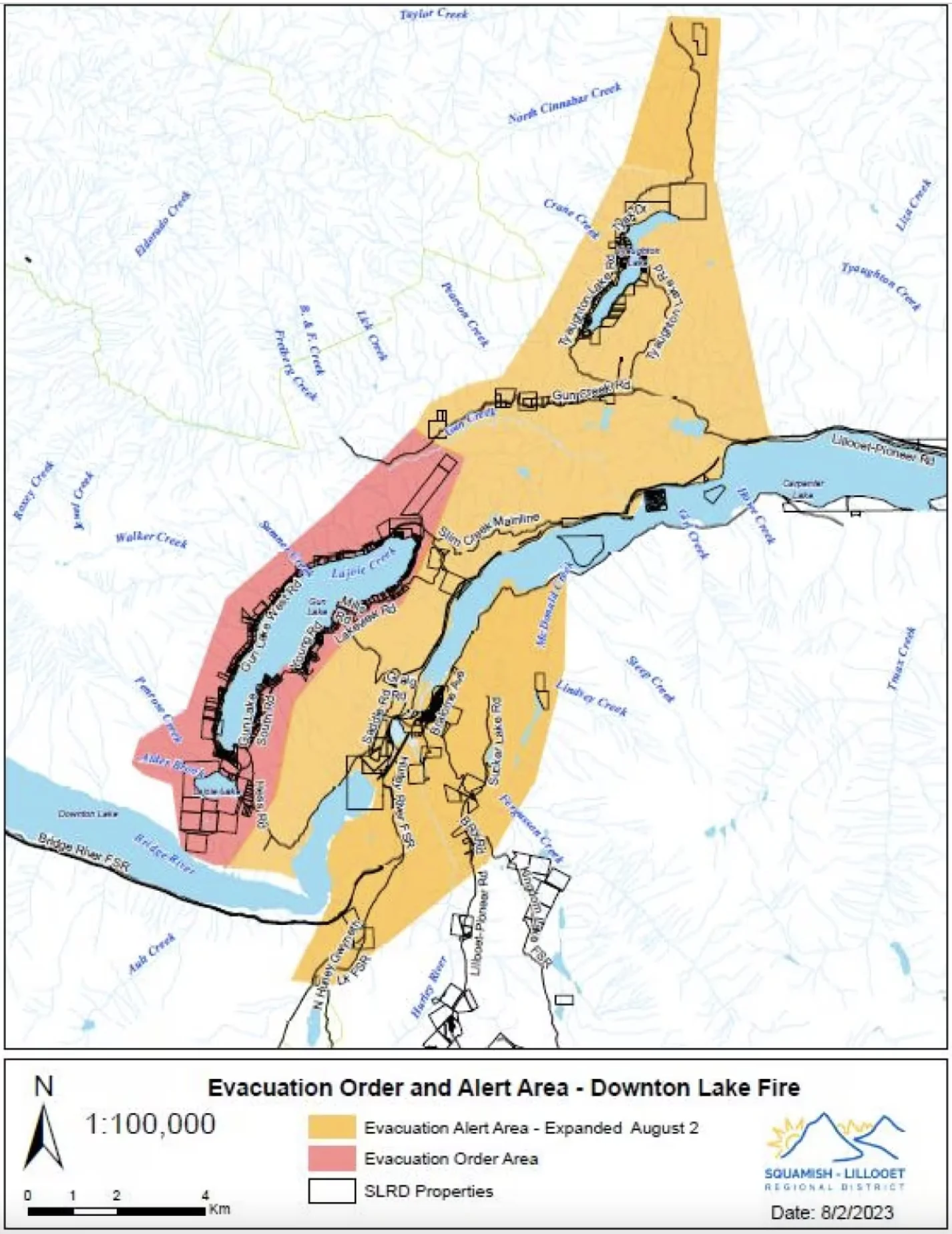Squamish-Lillooet Regional District: An evacuation alert due to the Downton Lake wildfire was extended Wednesday to include the nearby town of Gold Bridge, as well as further areas north of the blaze. (Squamish-Lillooet Regional District)