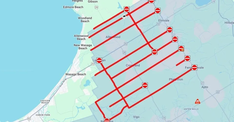 Map outlining all the road closures for the Township of Springwater Dec 30 2025