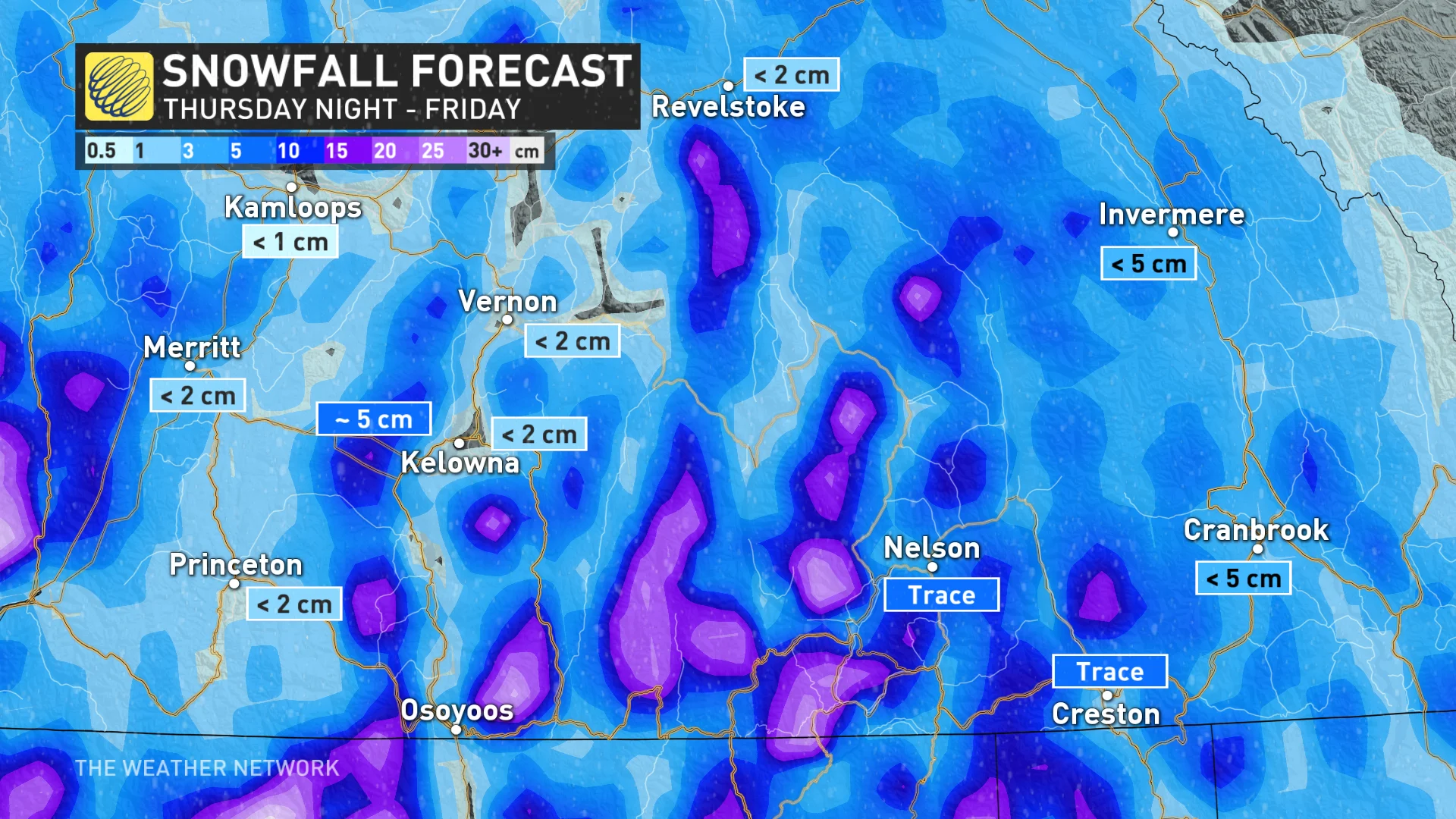 B.C. snowfall forecast Thursday night to Friday