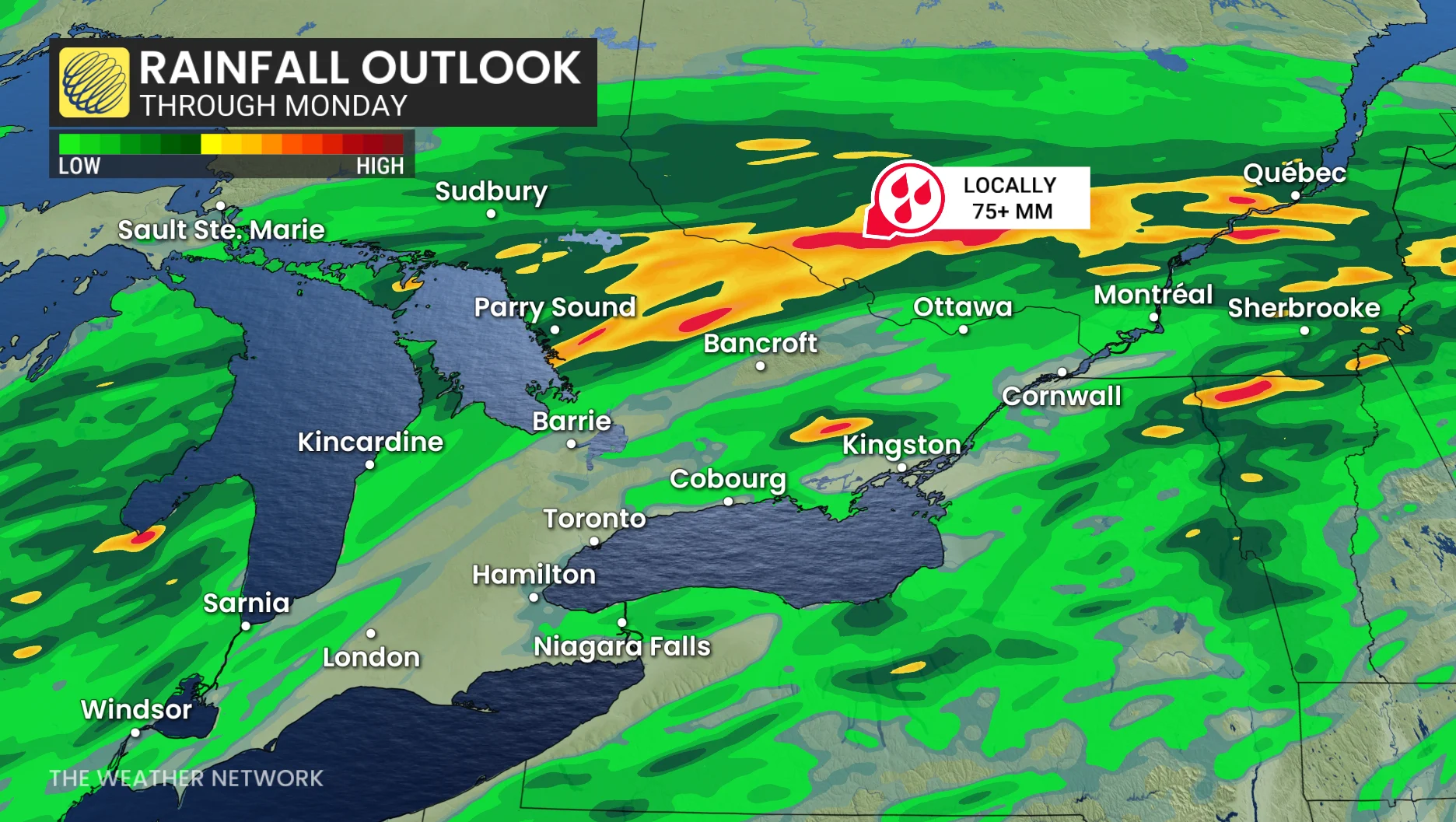 Ontario rainfall outlook through Monday