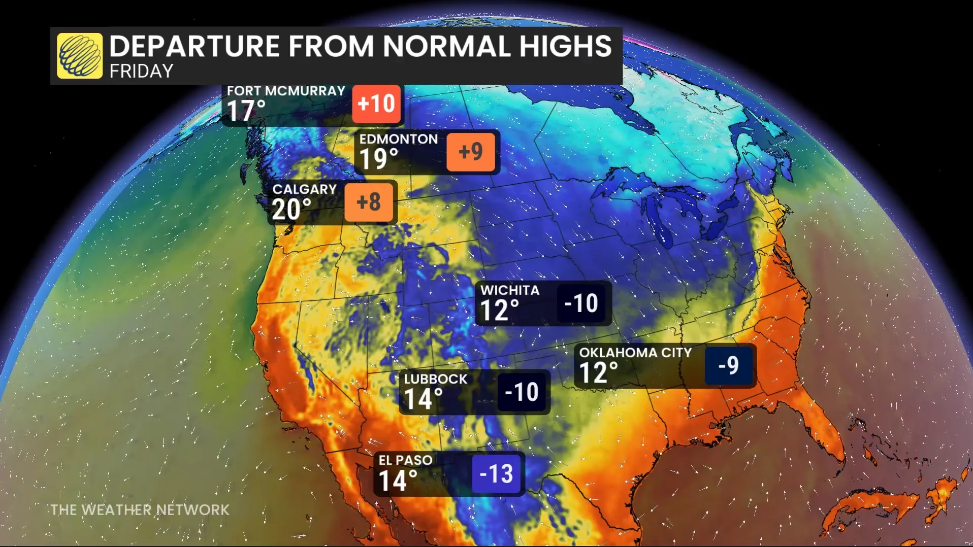 North America temperature departure from normal Friday