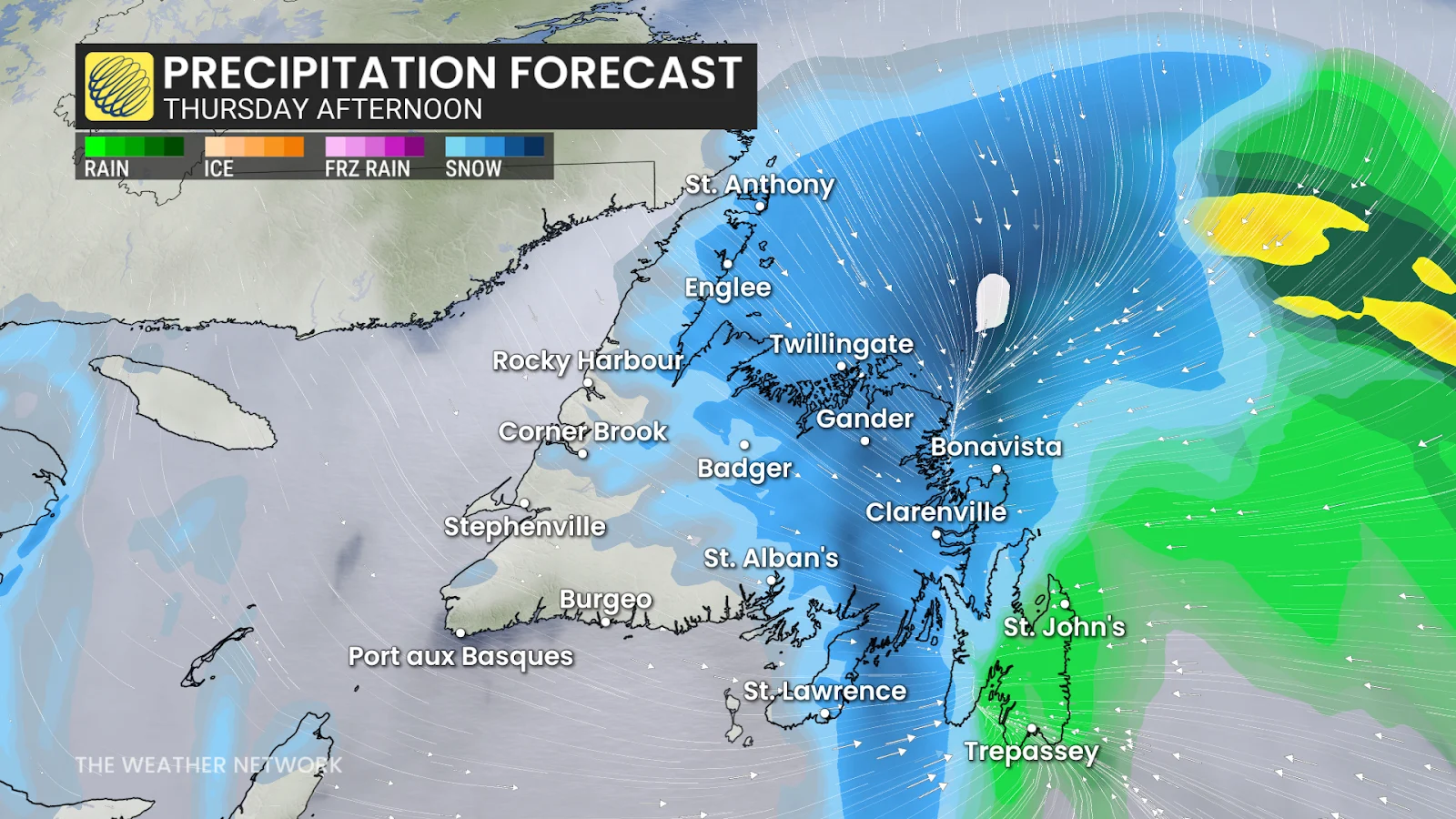 Newfoundland precipitation Thursday afternoon