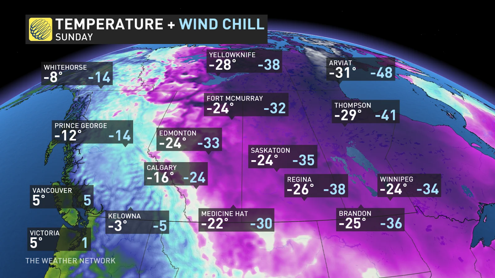 Temperature Wind Chill Western Canada Sunday