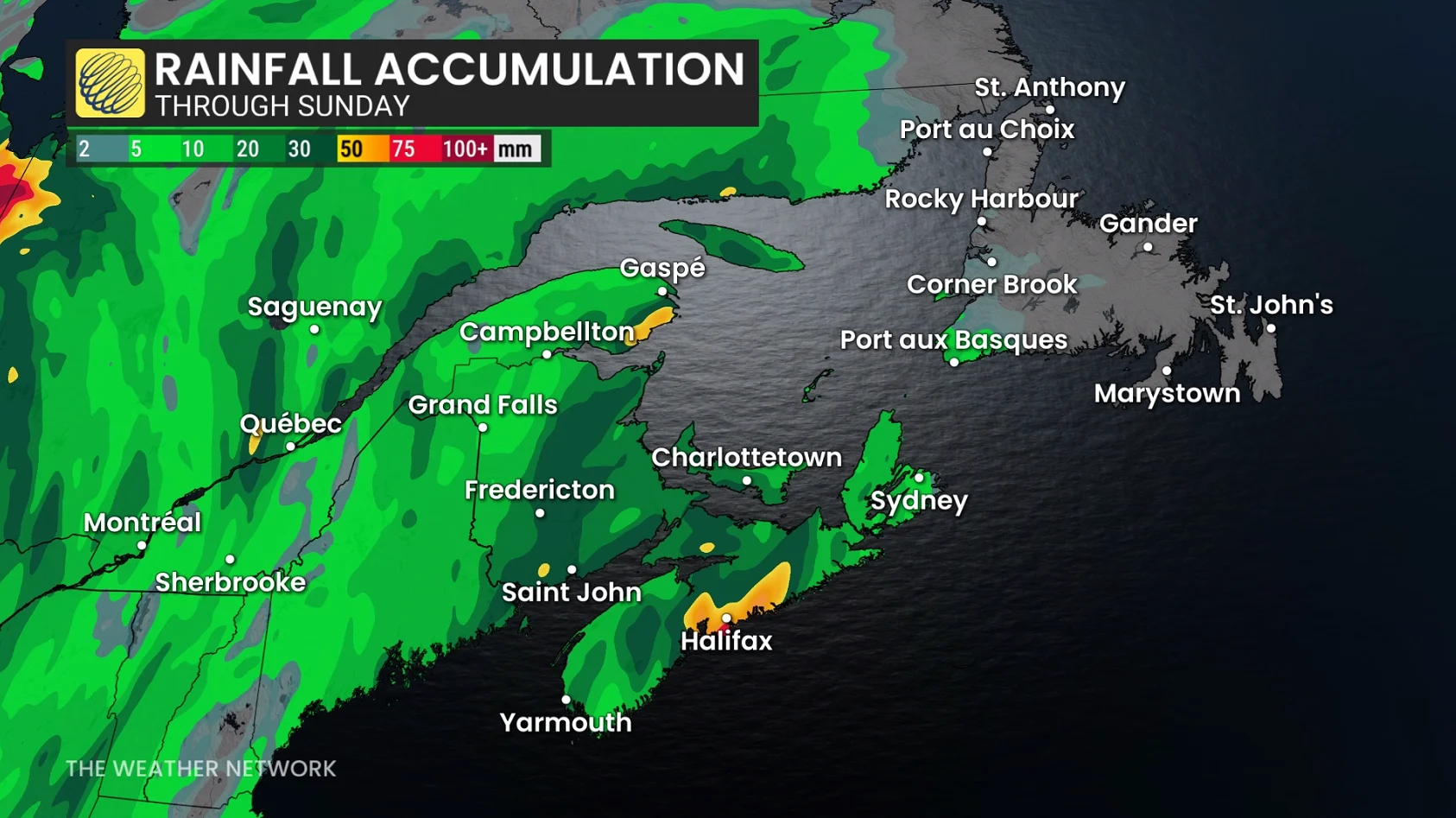 Maritimes rainfall accumulation Sunday