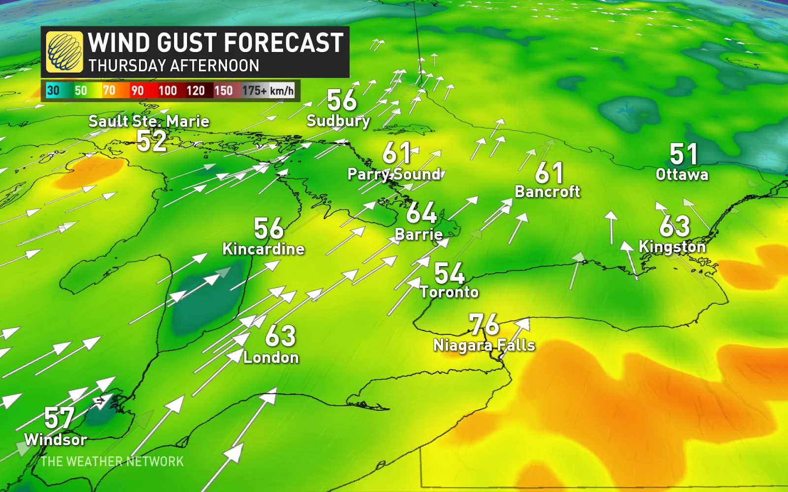 Ontario Thursday afternoon forecast wind gusts - April 2, 2025