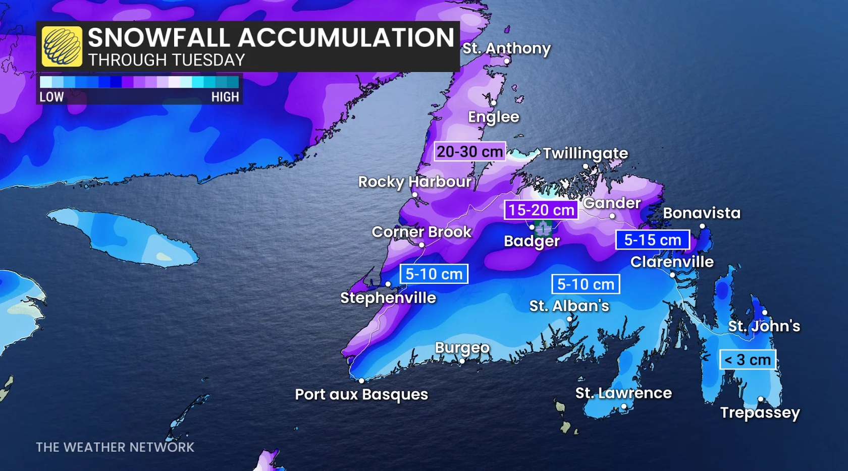 Newfoundland snowfall outlook through Tuesday