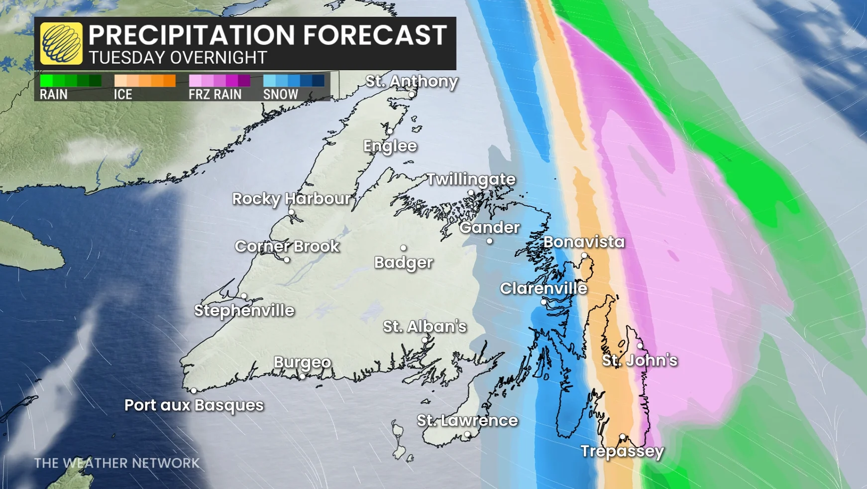Newfoundland timing Tuesday overnight