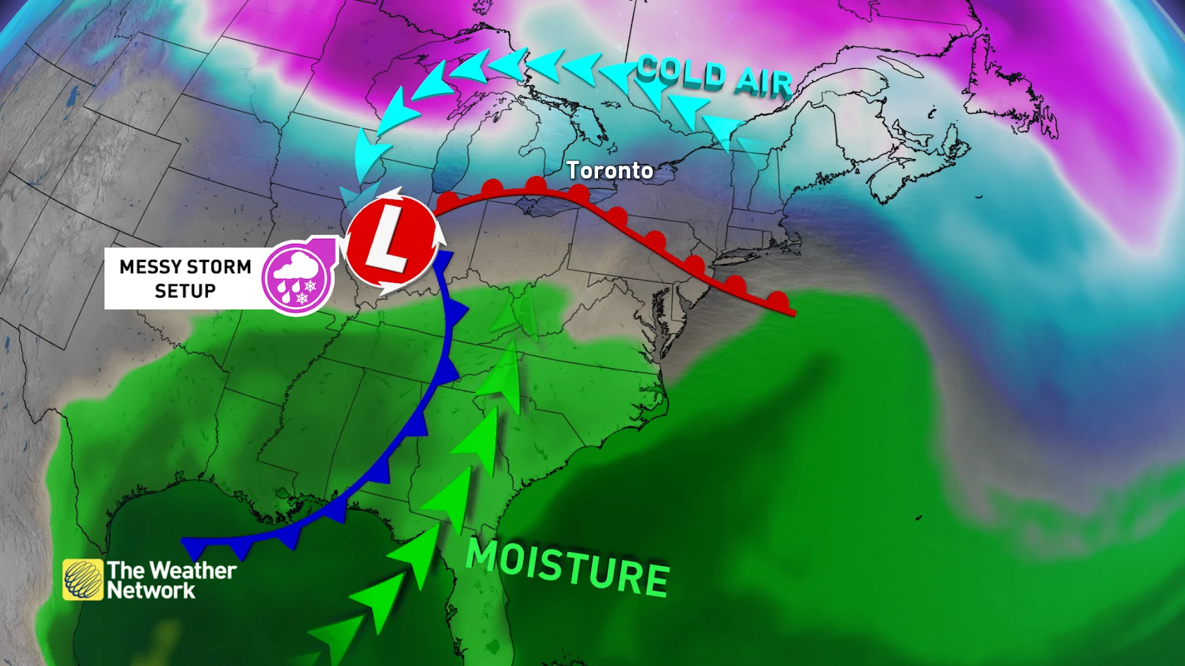 Eastern Canada, U.S. low pressure system setup; moist, cold air - Feb. 5, 2025