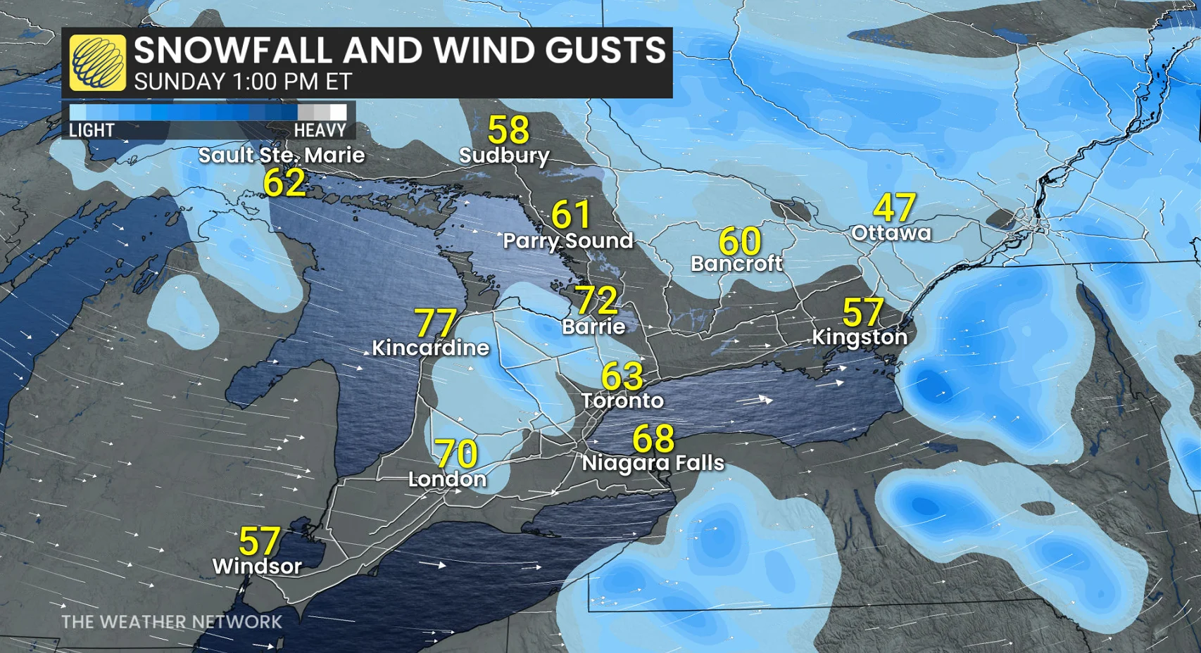 Ontario precipitation timing Sunday afternoon