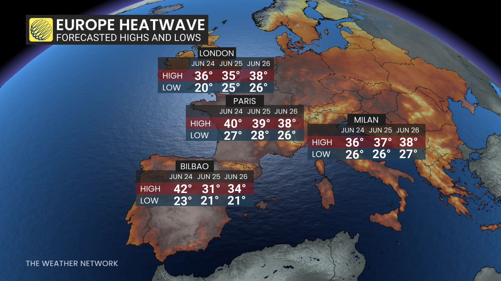 Europe heat wave forecast highs and lows - June 23, 2026