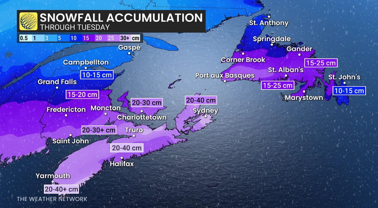Atlantic Canada Snowfall Outlook Through Tuesday