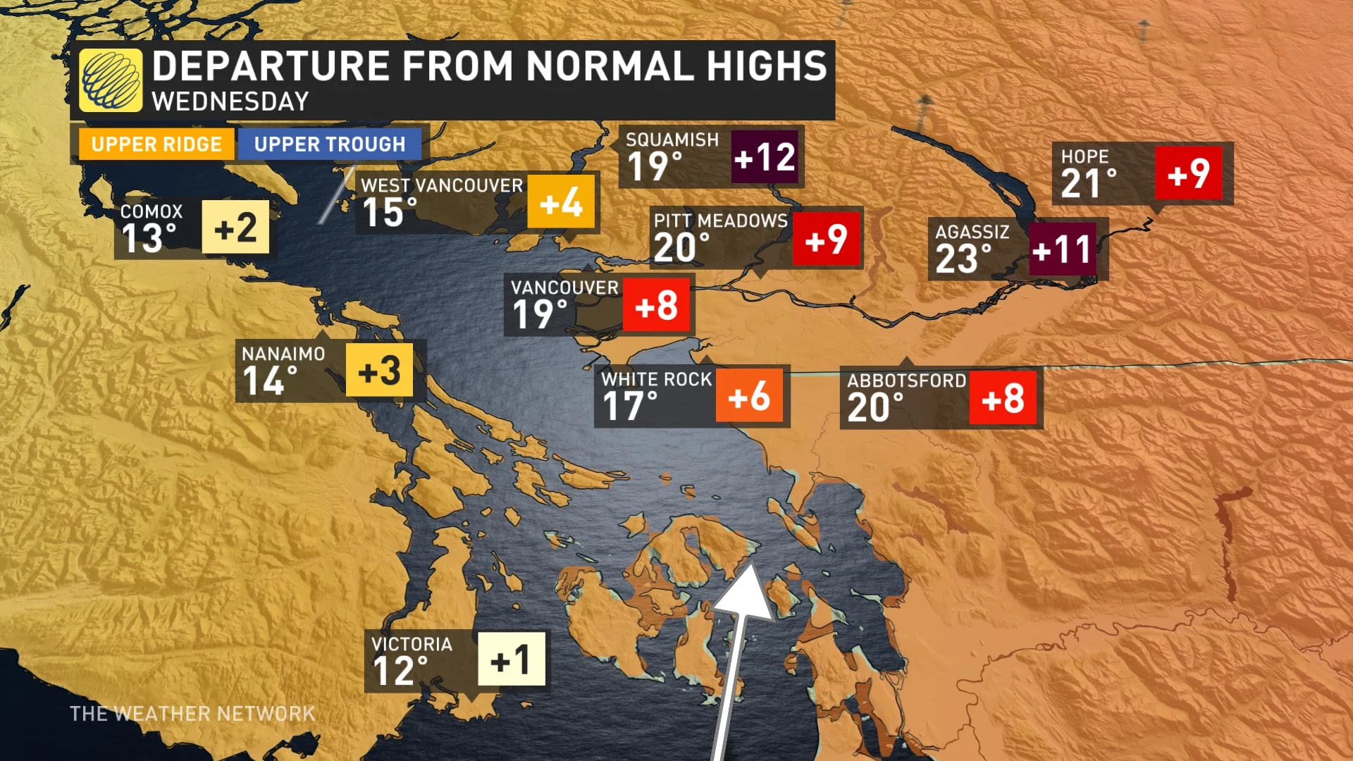 B.C. temperatures and departures from normals Wednesday