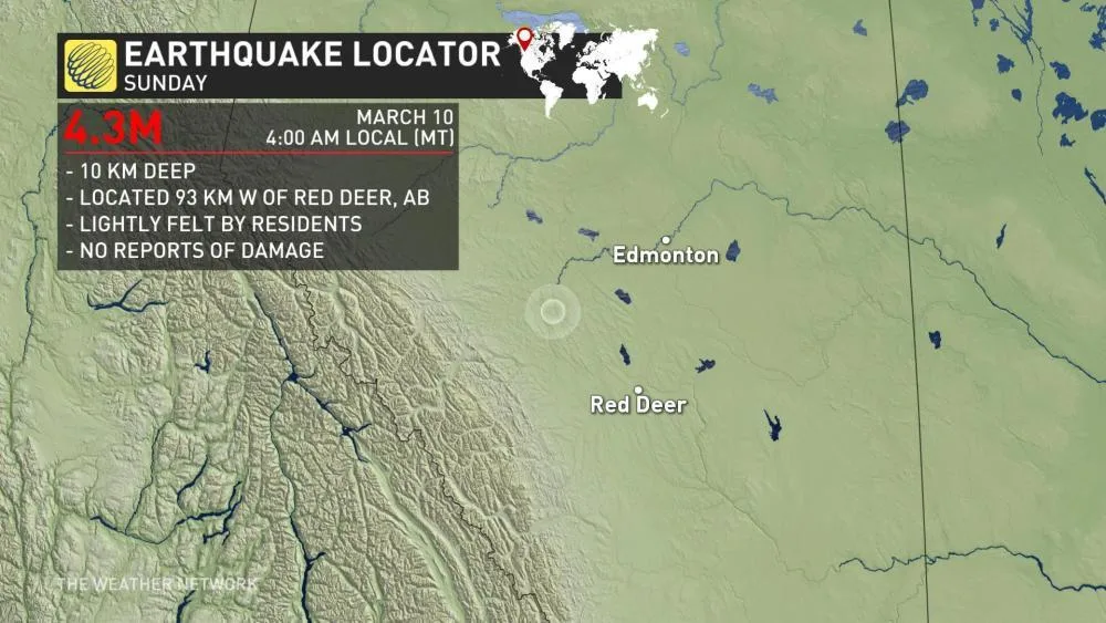 Magnitude 4.3 earthquake strikes near Red Deer, Alberta