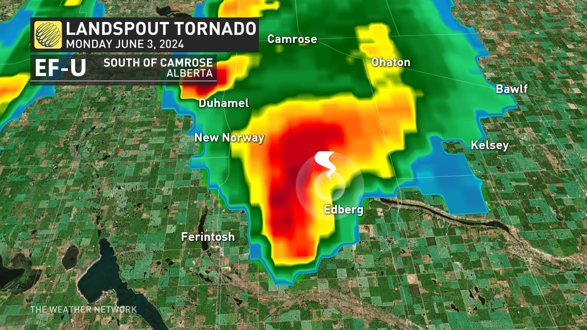 A probable landspout tornado occurred near the community of Edberg, Alta., Monday, June 3