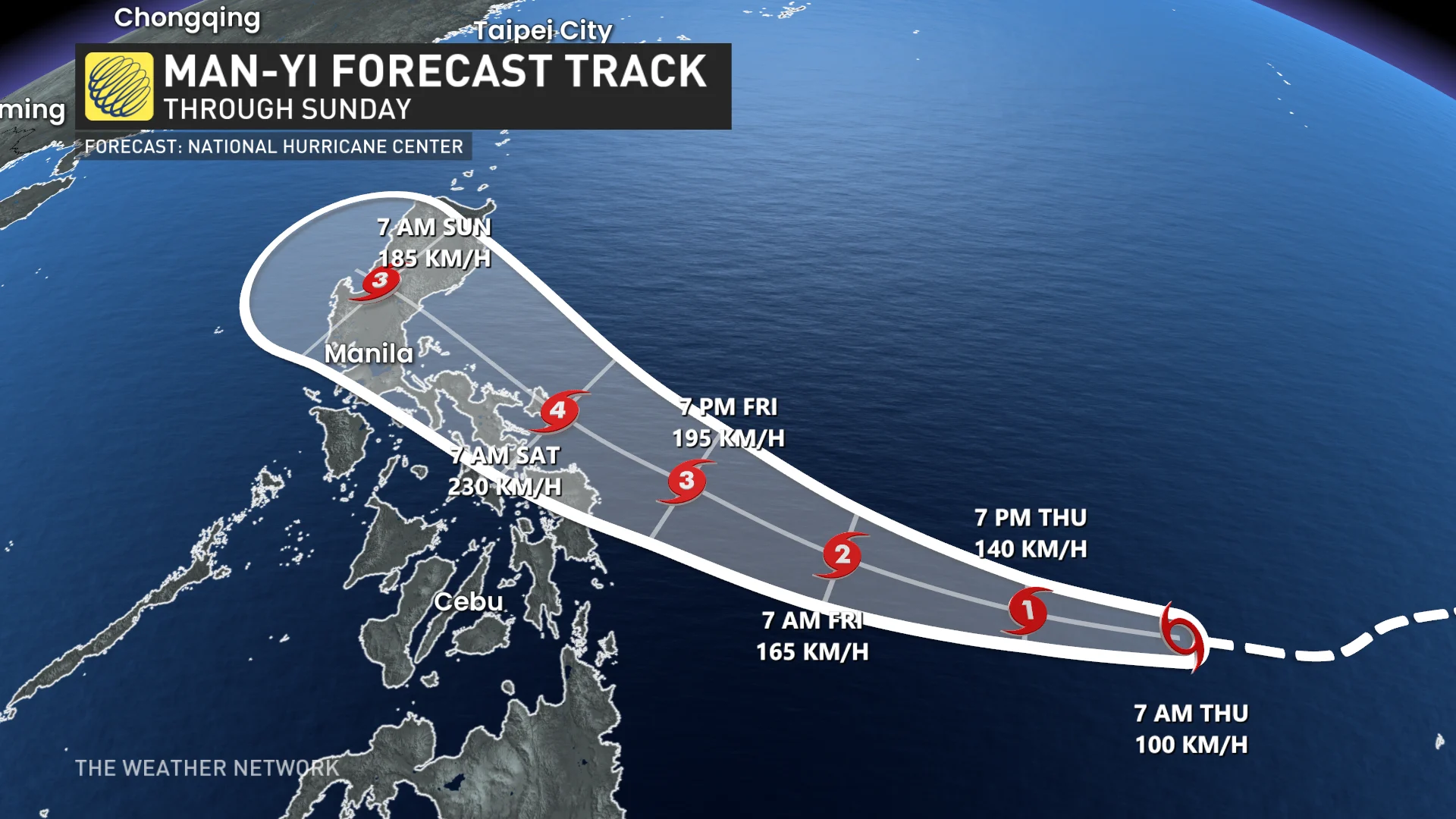 Tropical storm Man-Yi's forecast track over the Philippines through Sunday - Nov. 14, 2024