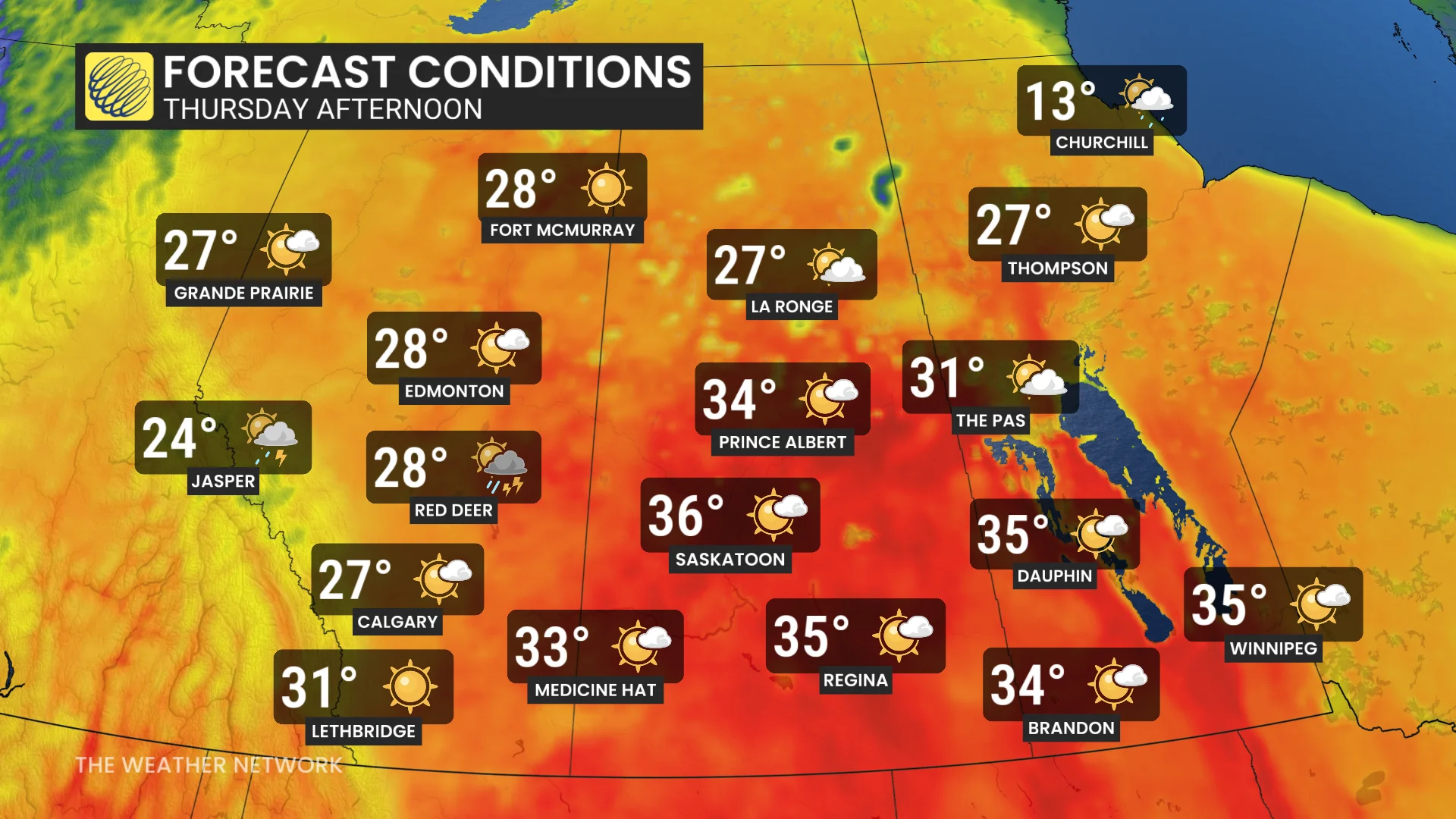 Prairies Thursday afternoon forecast temperatures and conditions - May 27, 2026