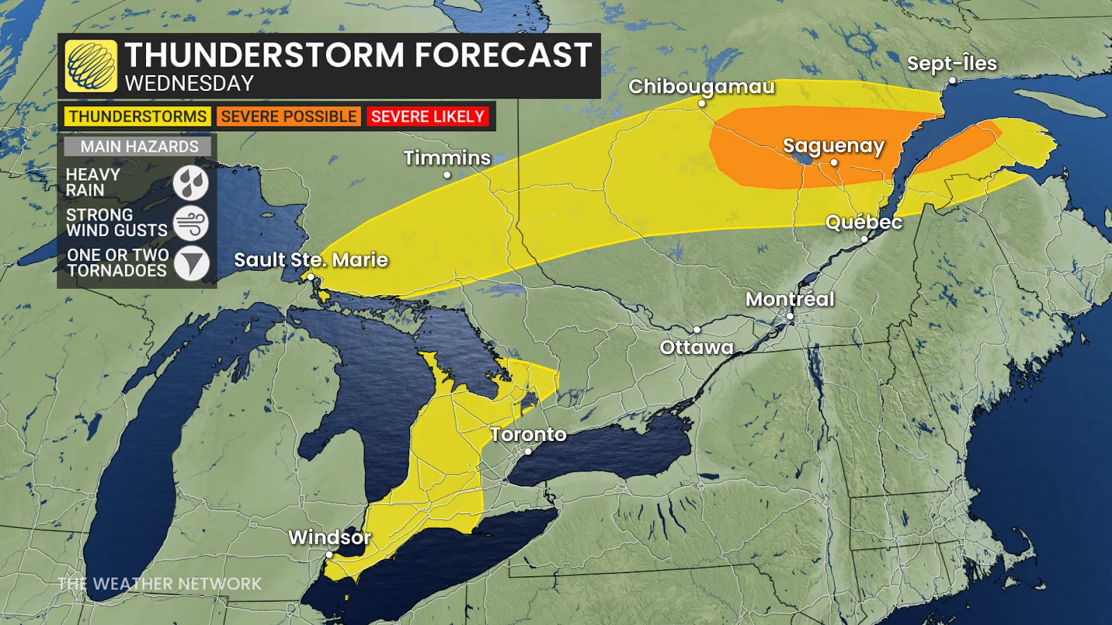 Ontario Quebec Wednesday thunderstorm risk map - July 16, 2025