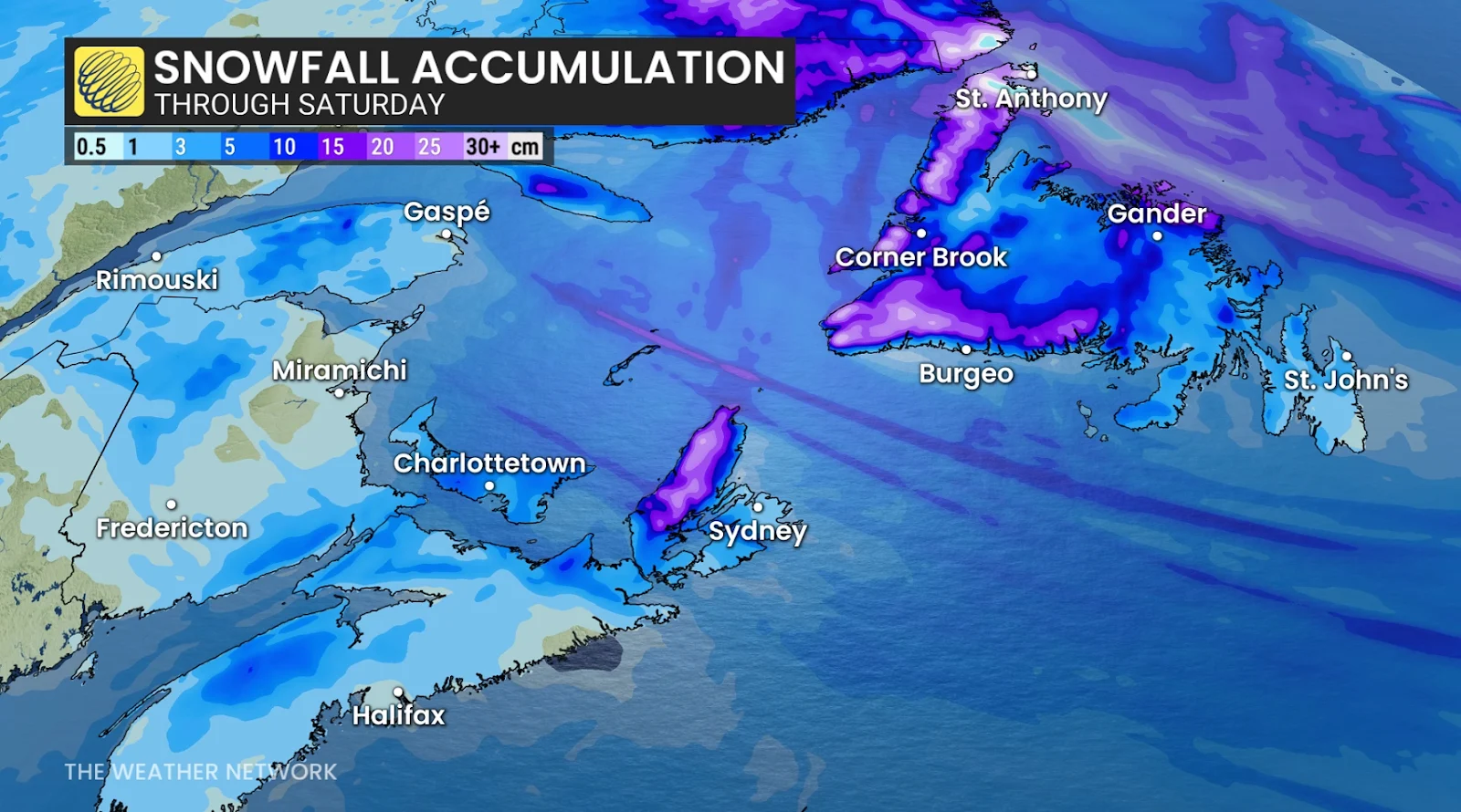 Atlantic Canada snowfall through Saturday