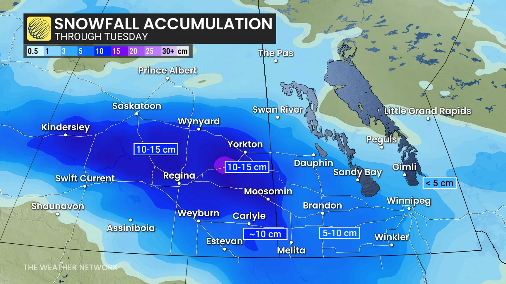 Saskatchewan-Manitoba snowfall through Tuesday